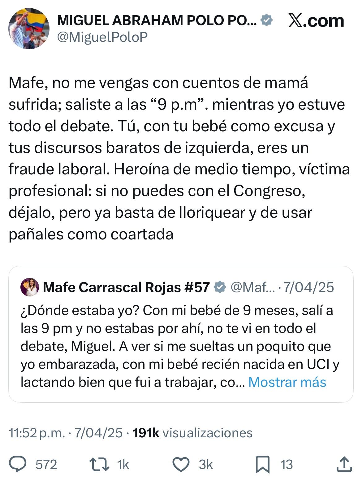 Mensaje Miguel Polo Polo de su cuenta de X