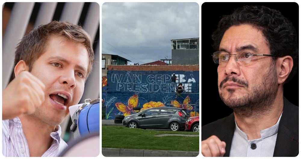 Josías Fiesco, candidato a la Cámara del Centro Democrático, el mural que fue borrado, y el candidato Iván Cepeda.