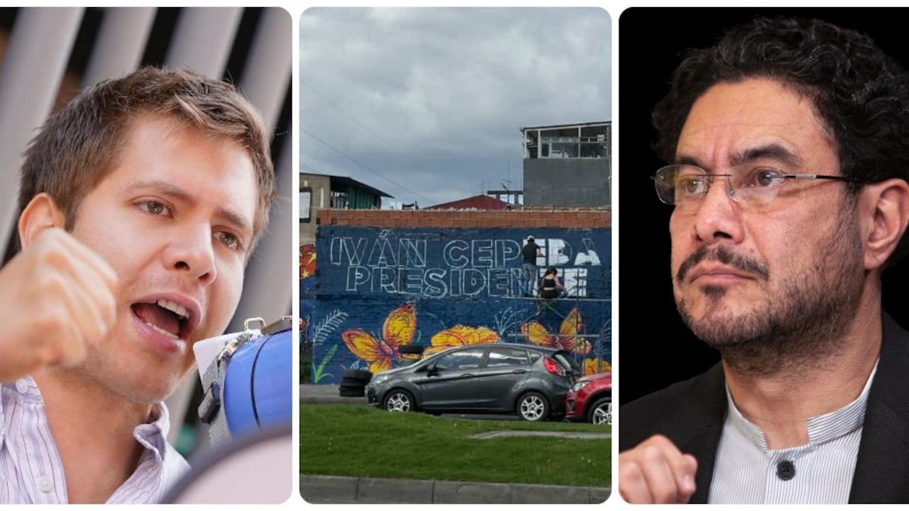 Josías Fiesco, candidato a la Cámara del Centro Democrático, el mural que fue borrado, y el candidato Iván Cepeda.