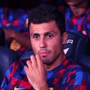 Rodri sits on the bench during the match between FC Barcelona and Rayo Vallecano de Madrid, corresponding to week 3 of LaLiga EA Sports 2026-27, played at the Spotify Camp Nou in Barcelona, on August 31, 2026. (Photo by Joan Valls/Urbanandsport/NurPhoto) (Photo by Urbanandsport / NurPhoto via AFP)