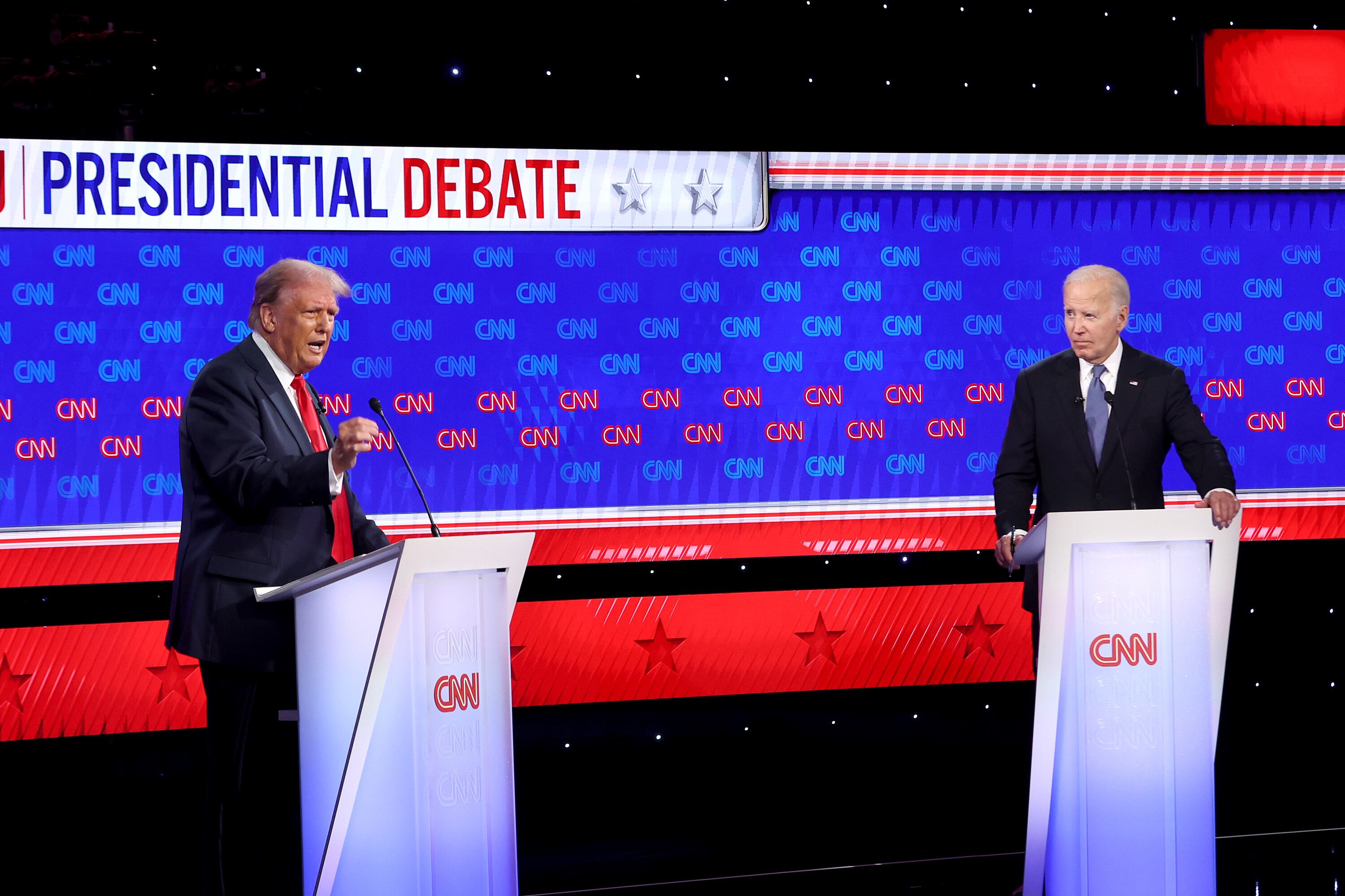 ATLANTA, GEORGIA - JUNE 27: U.S. President Joe Biden (R) and Republican presidential candidate, former U.S. President Donald Trump participate in the CNN Presidential Debate at the CNN Studios on June 27, 2024 in Atlanta, Georgia. President Biden and former President Trump are facing off in the first presidential debate of the 2024 campaign. (Photo by Justin Sullivan/Getty Images)