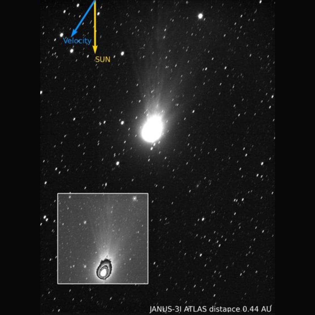 La cámara científica del Juice capta el cometa interestelar 3I/ATLAS expulsando polvo y gas.