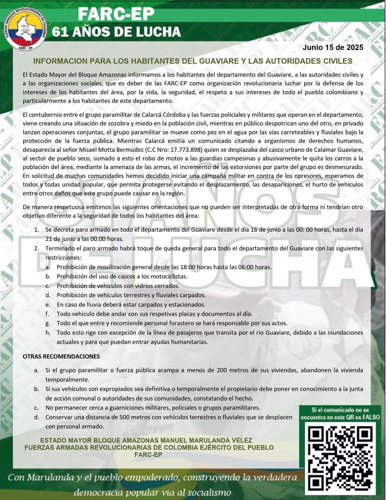 Comunicado de las disidencias de las Farc anunciando paro armado en Guaviare.
