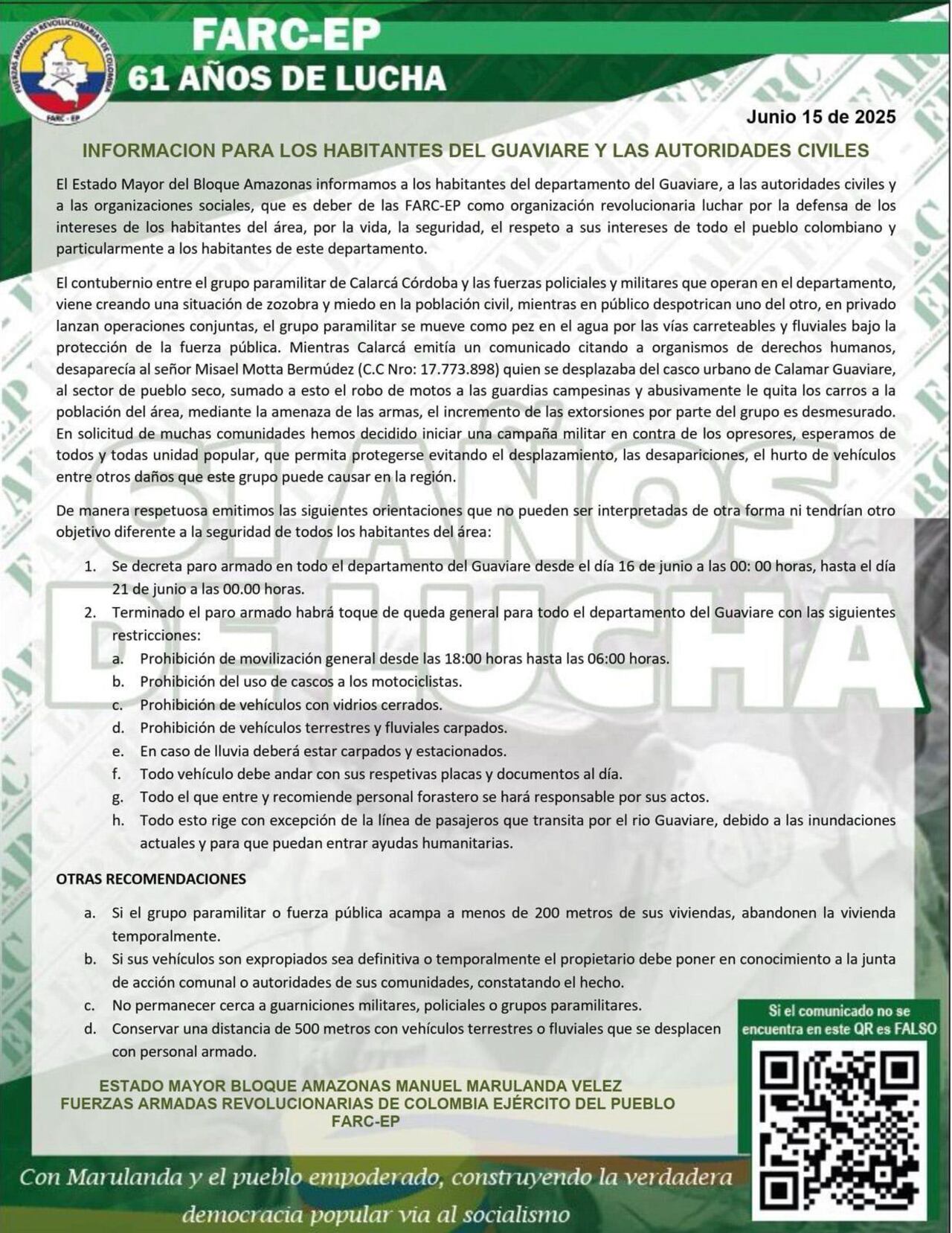 Comunicado de las disidencias de las Farc anunciando paro armado en Guaviare.