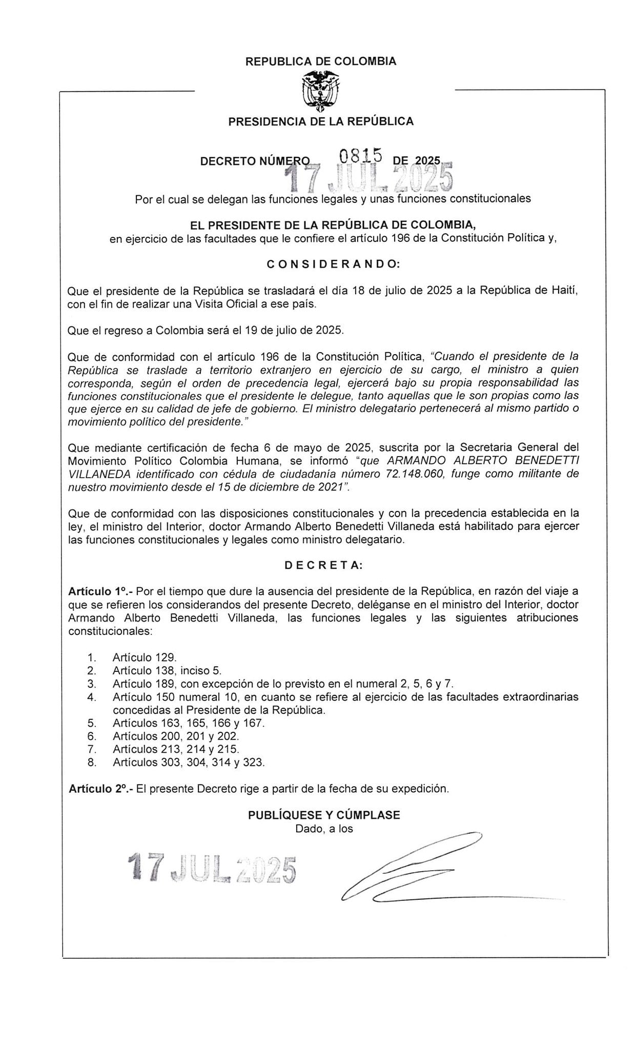 Decreto presidente Gustavo Petro - Armando Benedetti