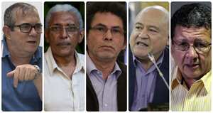 Rodrigo Londoño, Joaquín Gónez, Pastor Alape, Julián Gallo y Pastor Alape.