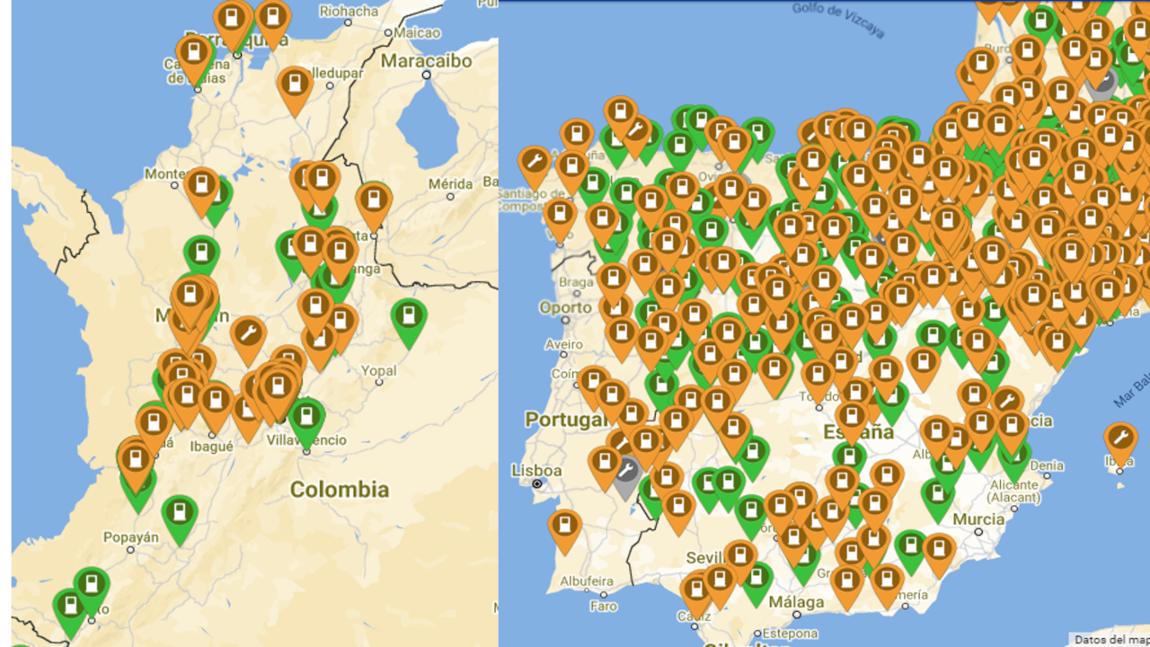 Esta es la comparación de la cantidad de electrolineras que hay en Colombia y España. Así se ve el mapa.