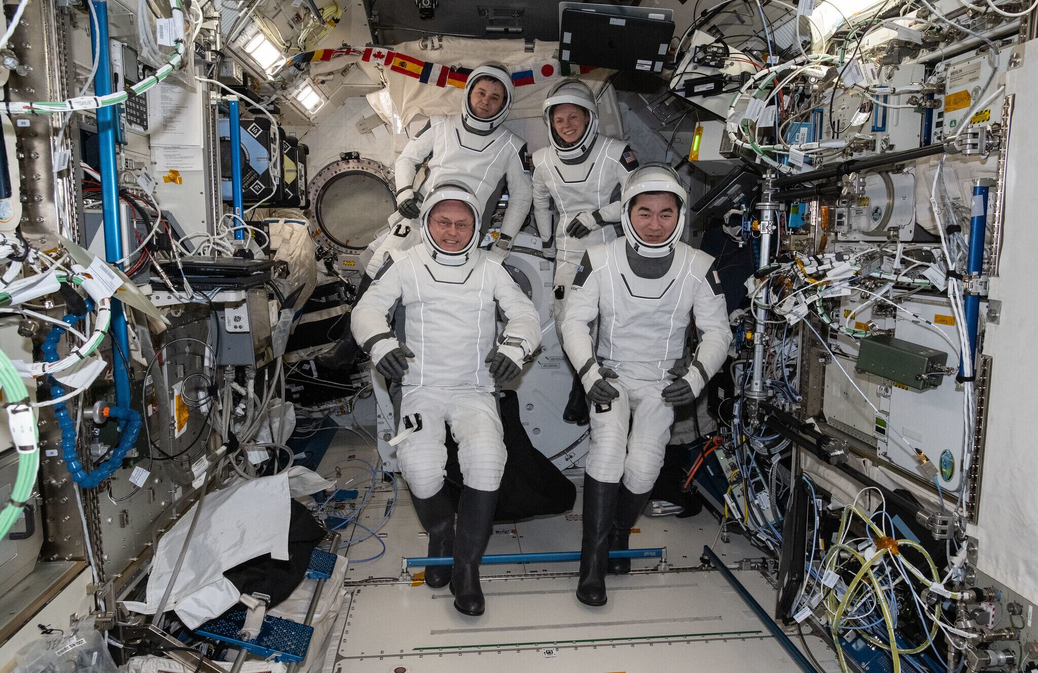 Astronauta de la NASA Mike Fincke, al cosmonauta de Roscosmos Oleg Platonov, a la astronauta de la NASA Zena Cardman y a la astronauta de la JAXA (Agencia de Exploración Aeroespacial de Japón) Kimiya Yui.