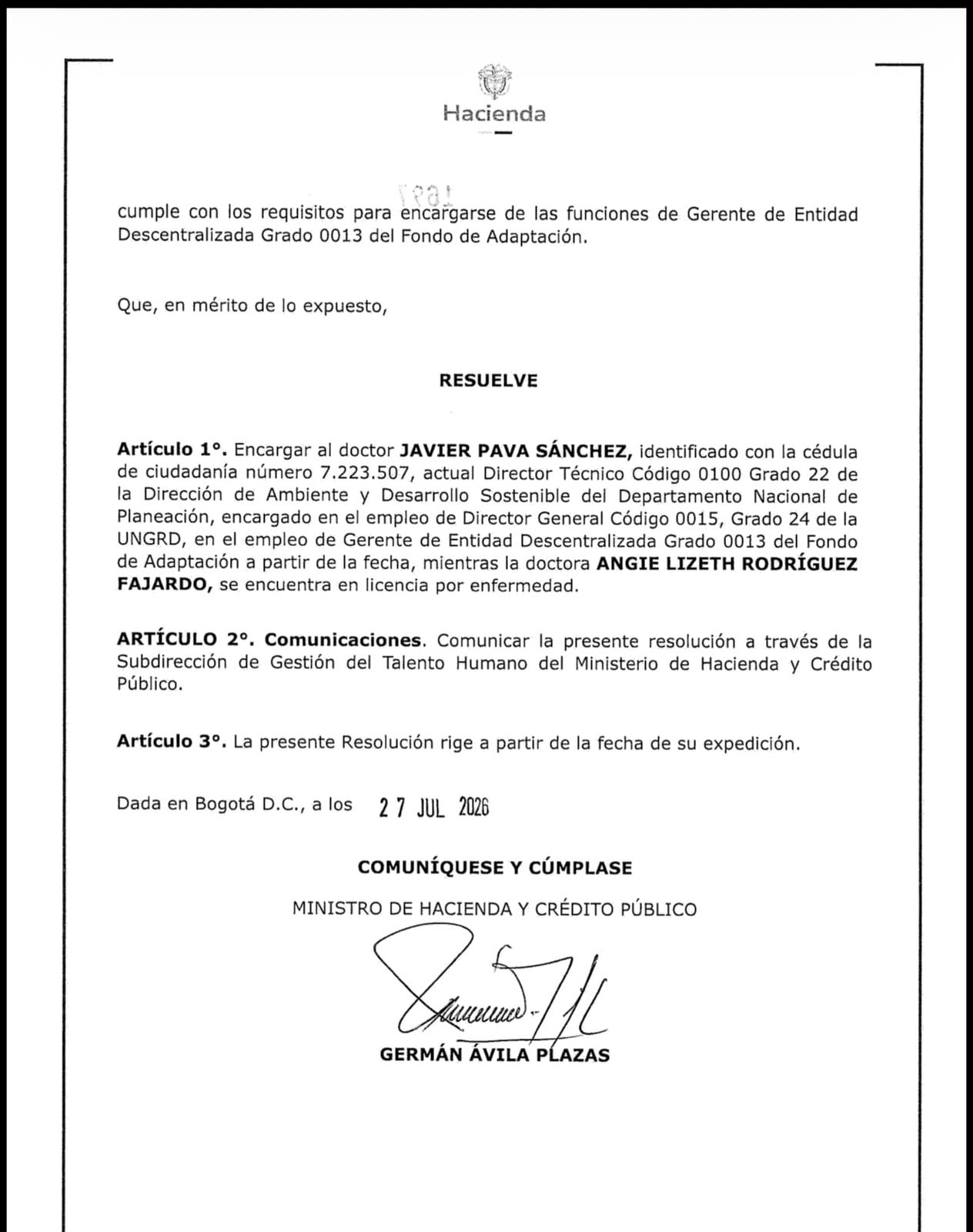El decreto del Ministerio de Hacienda firmado por el ministro, Germán Ávila.
