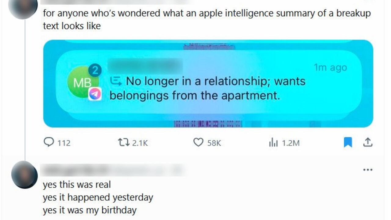 Un hombre se sorprendió al recibir una notificación en su dispositivo móvil, donde la inteligencia artificial resumía los mensajes de su exnovia.