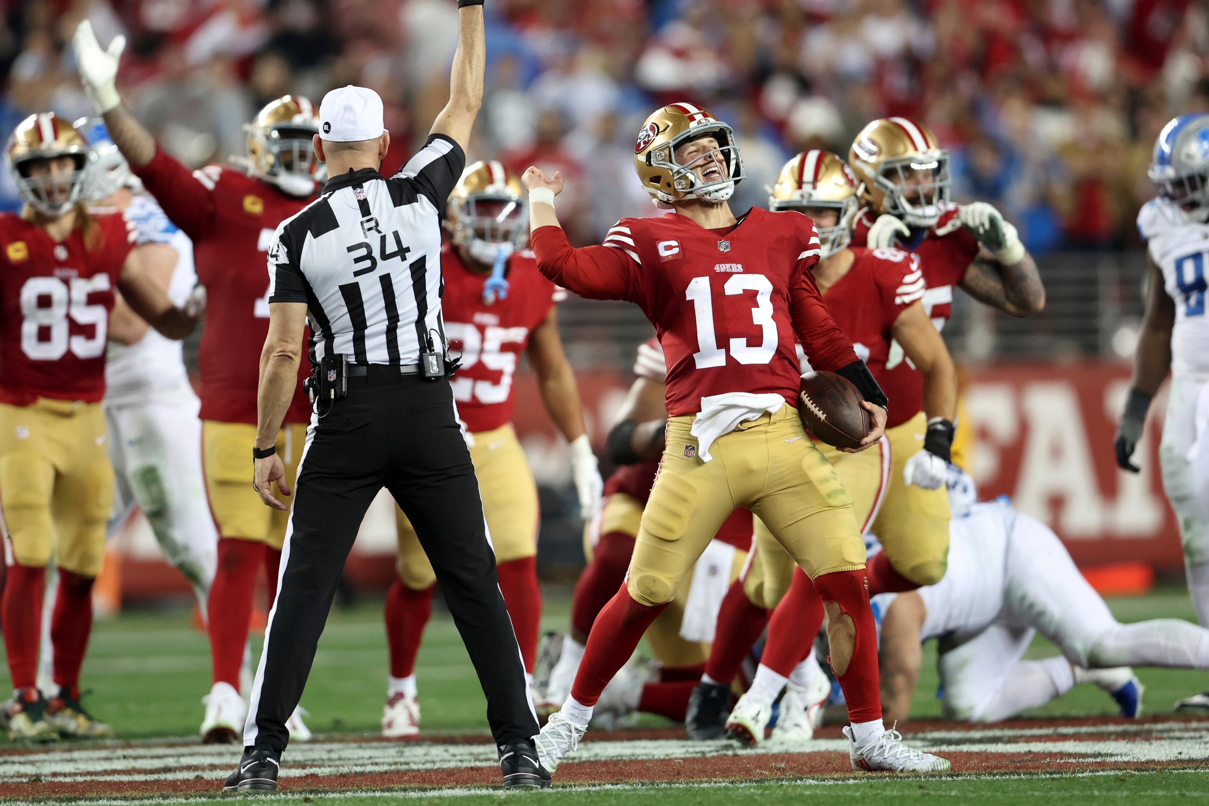 San Francisco 49ers' Brock Purdy (13) celebrates after his team's win over the Detroit Lions in the NFC Championship NFL football game in Santa Clara, Calif., Sunday, Jan. 28, 2024. (Scott Strazzante/San Francisco Chronicle via AP)