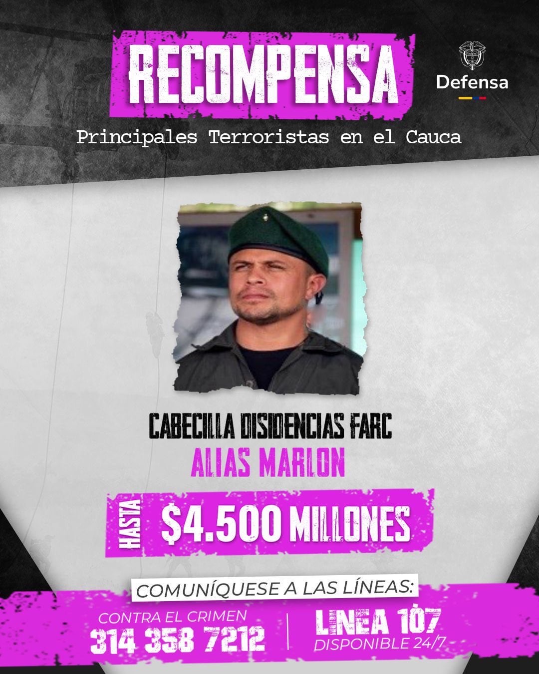 El ministro Pedro Sánchez informó que el Gobierno Nacional ofrece una recompensa de hasta $5.000 millones por alias ‘Marlon’.