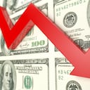 Red arrow And dollar finance decline graph. (Red arrow shows dollar's decline index ) Finance chart, dollar, and red arrow concept.