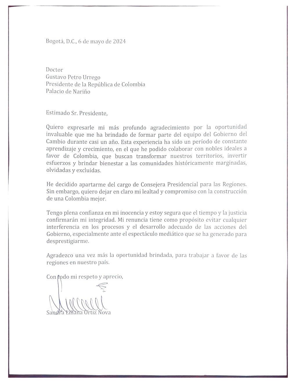 Esta es la carta de renuncia de la Alta Consejera para las Regiones, Sandra Ortiz.