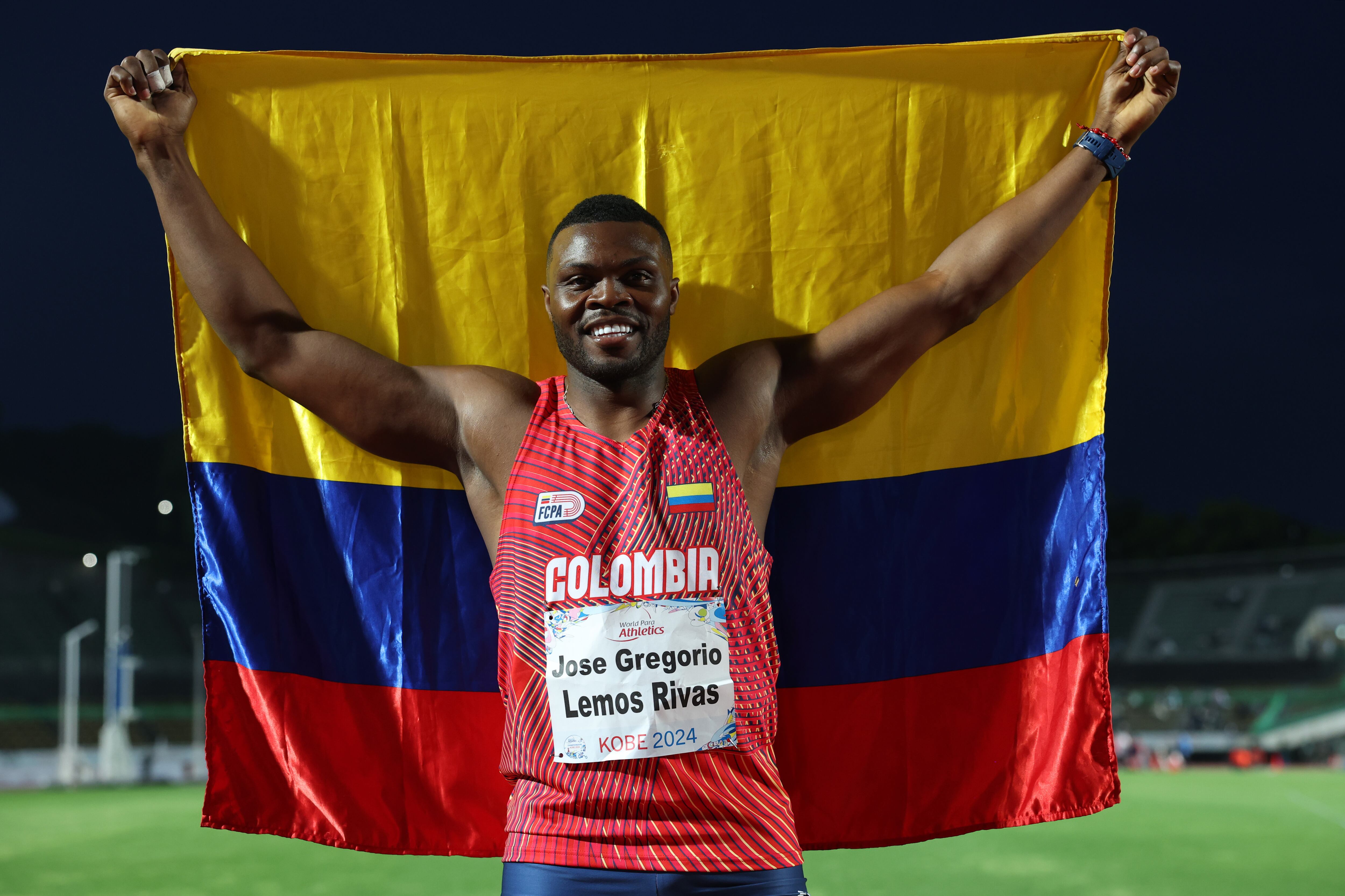 KOBE, JAPAN - MAY 20: Gold medalist Jose Gregorio Lemos Rivas of Colombia celebrates after competing in the Men's Javelin Throw F38 final during day four of the World Para Athletics Championships Kobe at Kobe Universiade Memorial Stadium on May 20, 2024 in Kobe, Hyogo, Japan.  (Photo by Paul Miller/Getty Images)