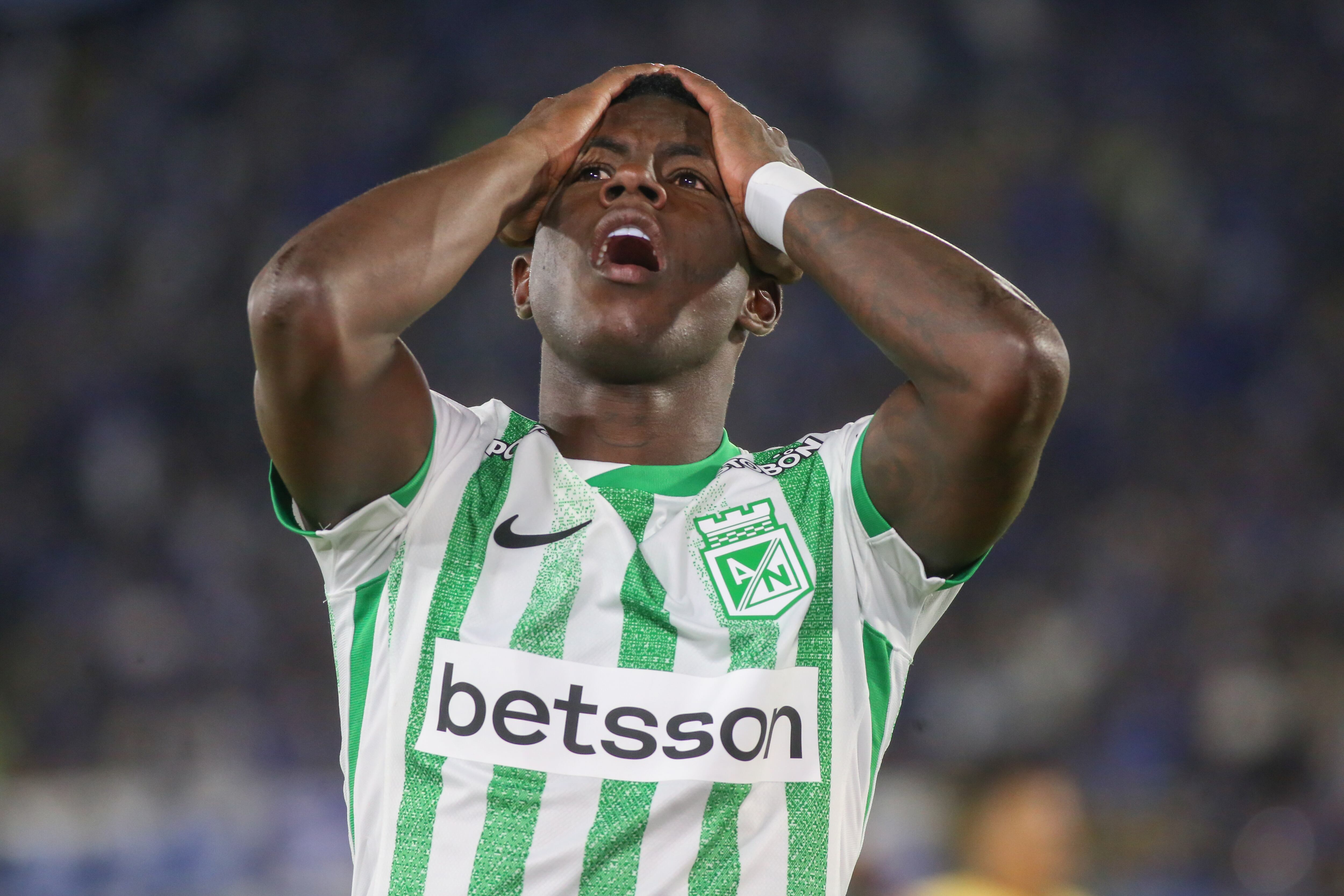 Marino Hinestroza of Atletico Nacional plays during the match between Millonarios F.C. and Atletico Nacional on Matchday 13 as part of the BetPlay League DIMAYOR I 2025, at the Nemesio Camacho El Campin Stadium in Bogota. (Photo by Daniel Garzon Herazo/NurPhoto via Getty Images)