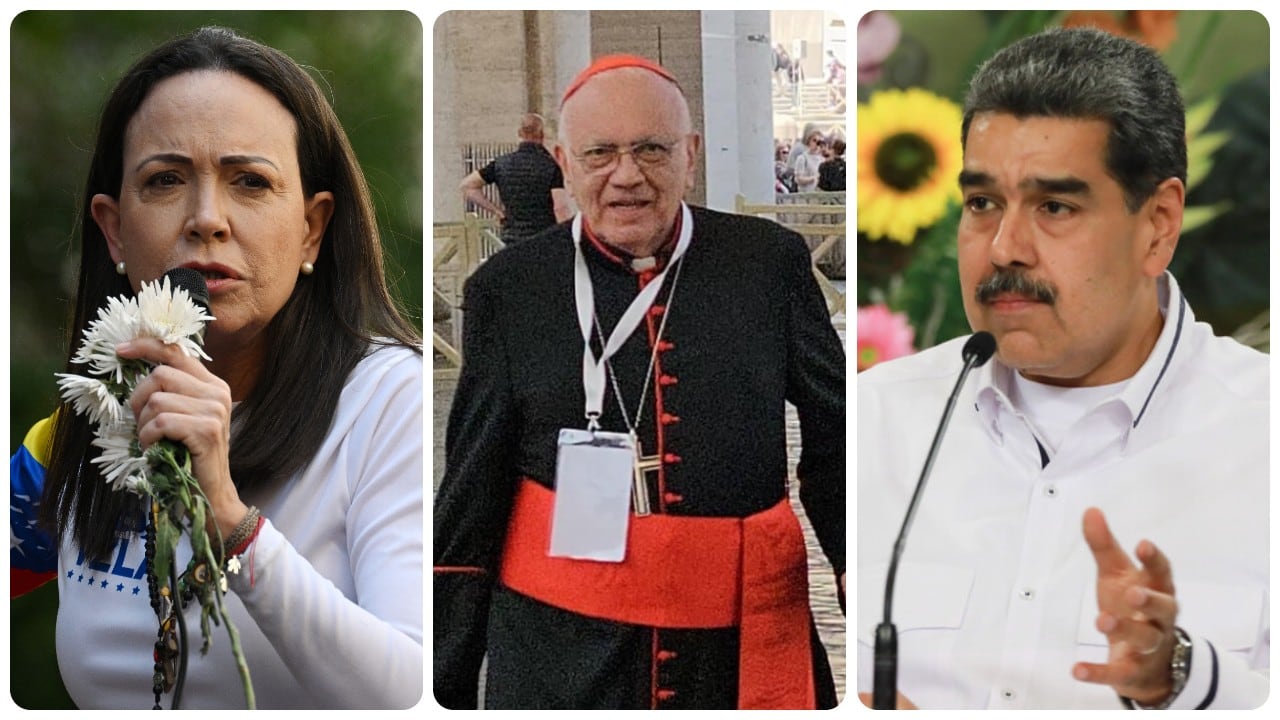 La líder de la oposición María Corina Machado, el cardenal de Venezuela Baltazar Porras y Nicolás Maduro.