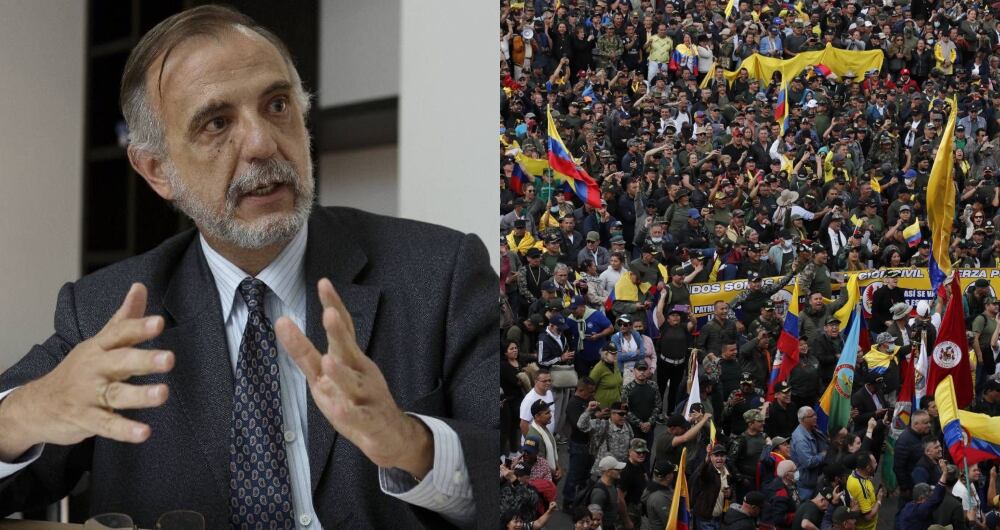 El ministro Iván Velásquez y la manifestación de los exintegrantes de la fuerza pública en la Plaza de Bolívar.