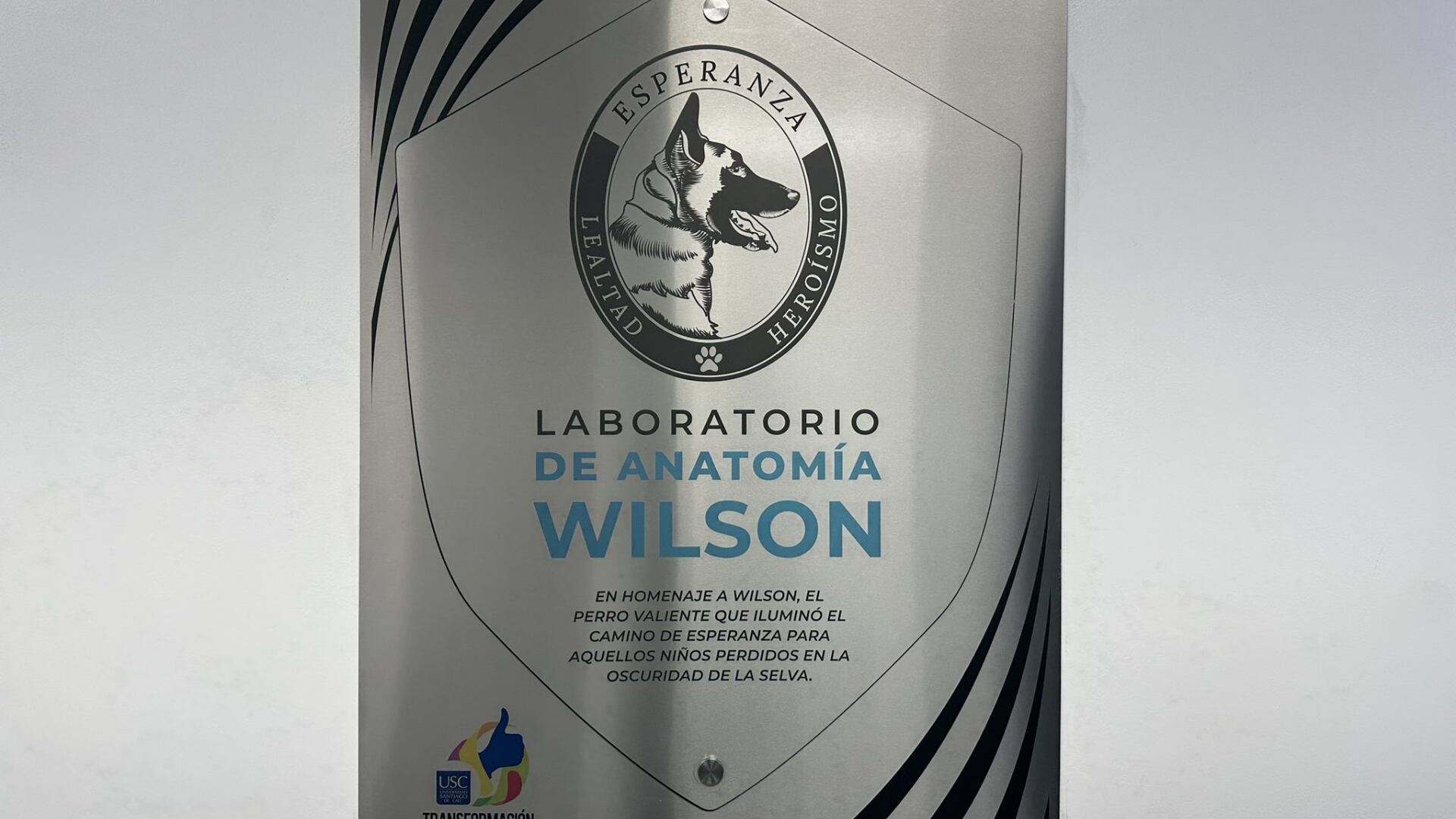 Placa en homenaje a Wilson, el perro que ayudó a la búsqueda de los niños desaparecidos en la selva y que hoy no aparece.
