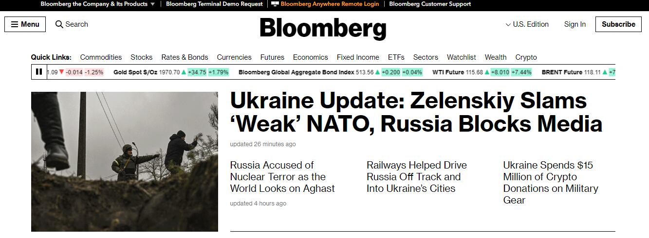 Agencia de noticias Bloomberg suspenderá temporalmente su actividad en Rusia.