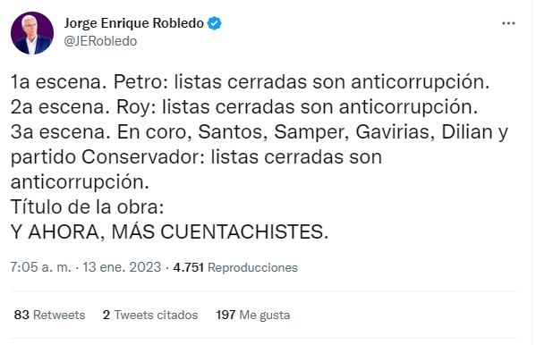 Trino Jorge Enrique Robledo sobre defensa de Pacto Histórico y Partido Conservador a las listas cerradas.