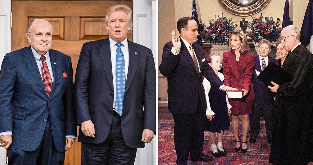 La posesión de Rudy Giuliani para su segundo periodo como alcalde de Nueva York, en 1997, con Caroline, su entonces esposa (Donna), Andrew, su madre (Helen Giuliani) y el juez Michael Mukasey. 