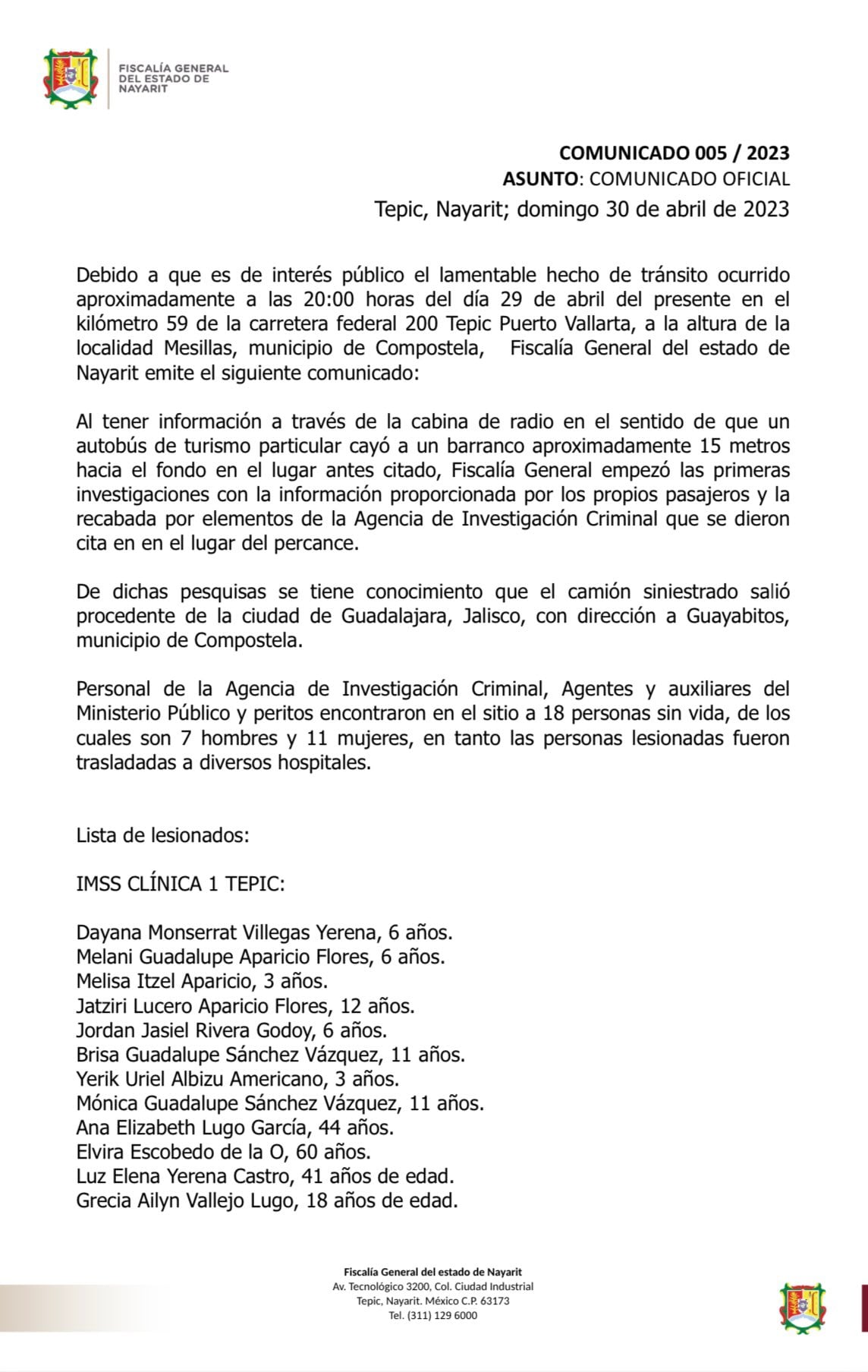 Comunicado de la Fiscalía de Nayarit sobre siniestro vial.