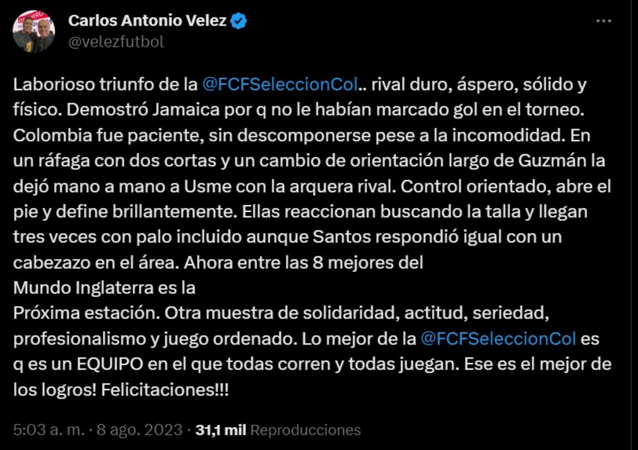 Carlos Antonio Vélez y su opinión de la victoria colombiana.