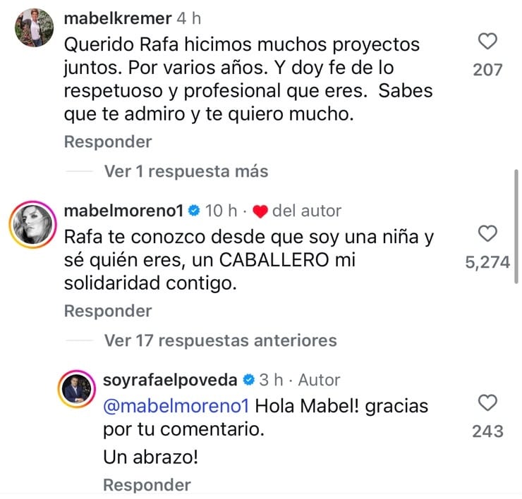 Mensajes de Mabel Moreno y Mabel Kremer en la cuenta de Instagram de Rafael Poveda.
