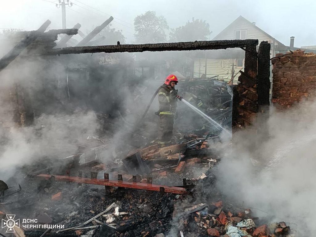 CHERNIHIV OBLAST, UKRAINE - JUNE 5: (----EDITORIAL USE ONLY - MANDATORY CREDIT - 'STATE EMERGENCY SERVICE OF UKRAINE / HANDOUT' - NO MARKETING NO ADVERTISING CAMPAIGNS - DISTRIBUTED AS A SERVICE TO CLIENTS----) Firefighters work on putting out the fire that broke out in the Russian attack on the town of Pryluky in Chernihiv Oblast, Ukraine on June 05, 2025. It was reported that there are injured and dead, including a baby. Two residential and other buildings were destroyed in the fire broke out in the attack. Overnight, 103 drones and one ballistic missile were fired against Ukraine. The targets were Donetsk, Kharkiv, Odesa, Sumy, Chernihiv, Dnipro, and Kherson regions. (Photo by Ukraine State Emergency Service/Anadolu via Getty Images)