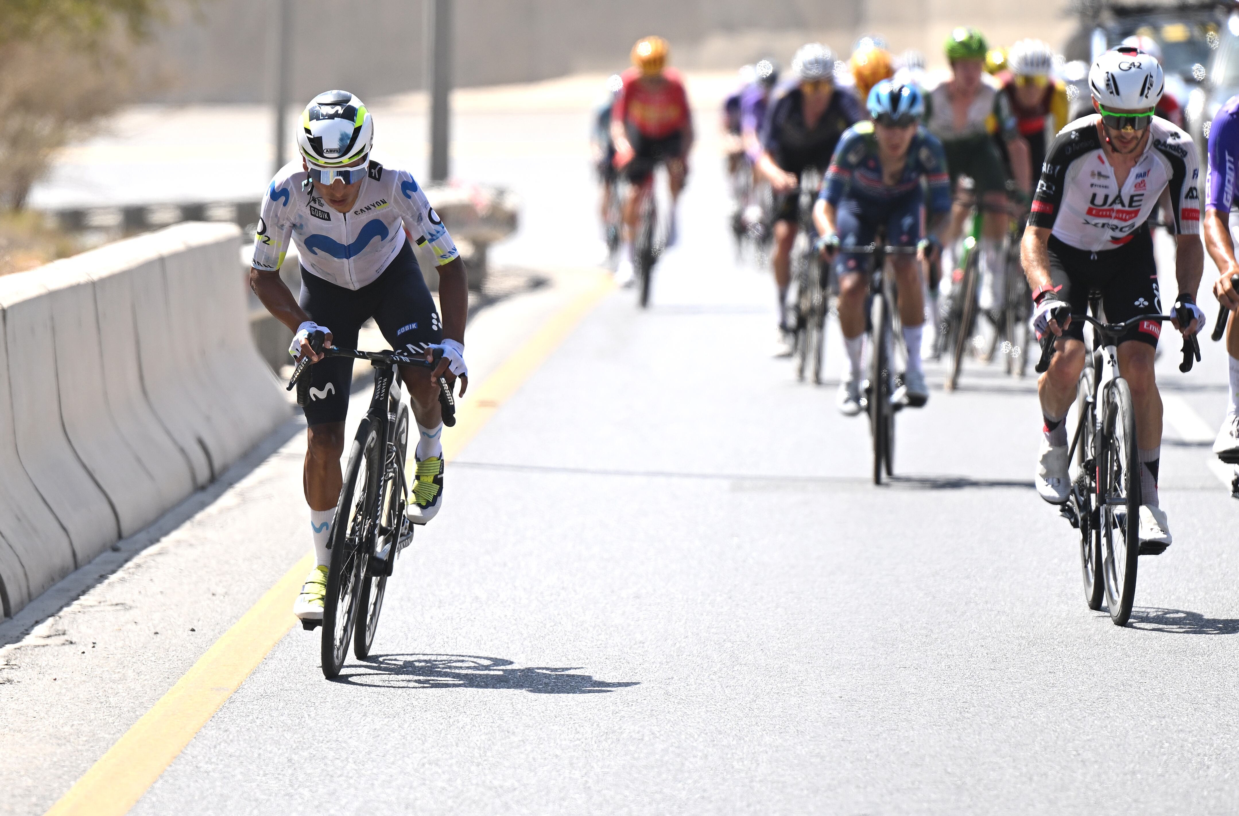 JABAL AL AKHDHAR - GREEN MOUNTAIN, OMAN - FEBRUARY 11: (L-R) Nairo Quintana of Colombia and Movistar Team and Adam Yates of Great Britain and UAE Team Emirates attack during the 15th Tour of Oman 2026, Stage 5 a 155.9km stage from Nizwa to Jabal Al Akhdhar - Green Mountain 1024m on February 11, 2026 in Jabal Al Akhdhar - Green Mountain, Oman. (Photo by Dario Belingheri/Getty Images)