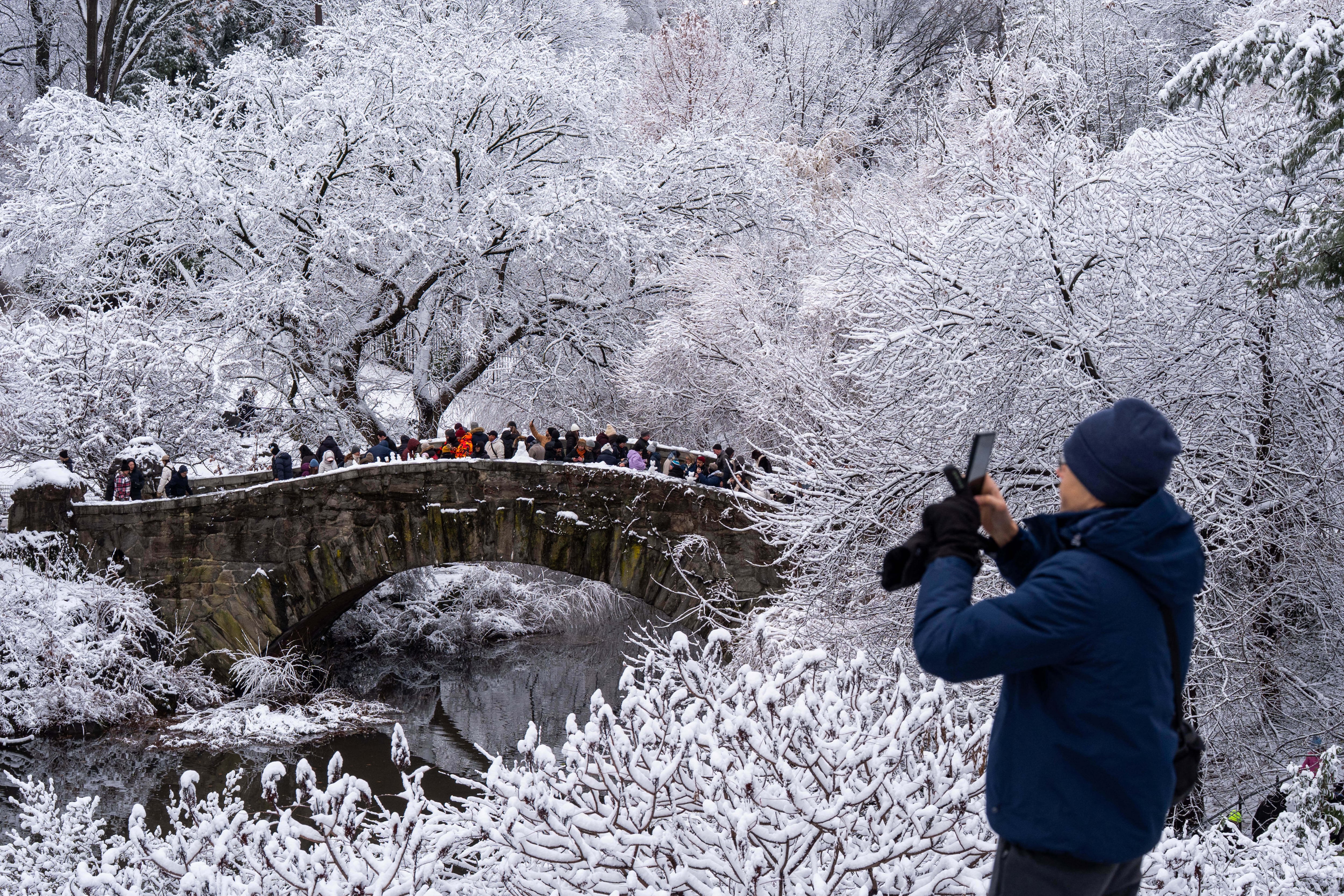 Una persona toma una fotografía en Central Park después de una nevada, el domingo 14 de diciembre de 2025, en Nueva York. (Foto AP/Adam Gray)
