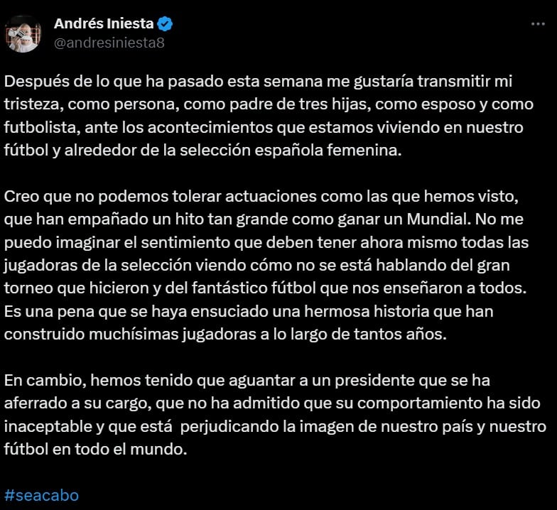 Publicación de Andrés Iniesta en X.