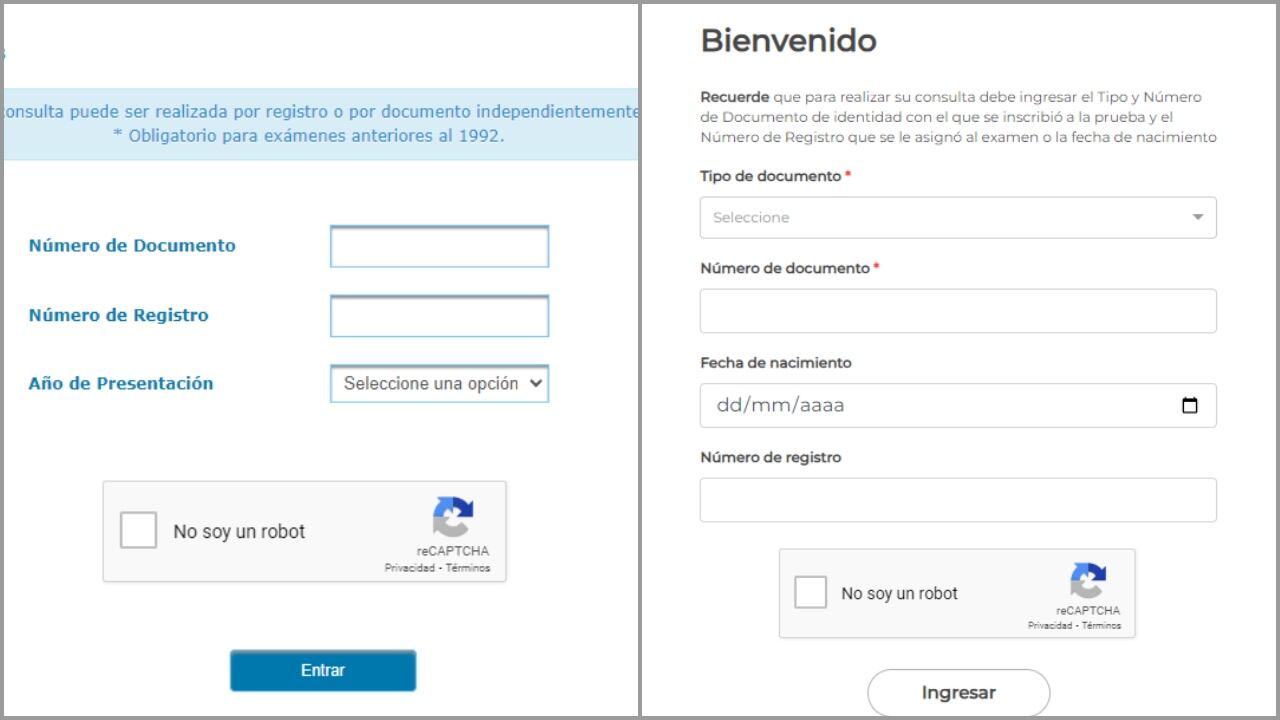 Plataformas para consultar los resultados del Icfes: la primera, para exámenes anteriores a 1992; la segunda, para después del 2021.