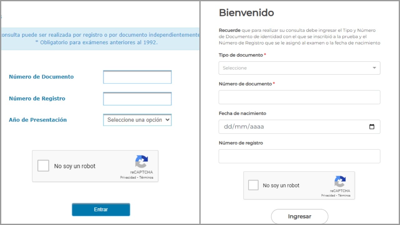Plataformas para consultar los resultados del Icfes: la primera, para exámenes anteriores a 1992; la segunda, para después del 2021.
