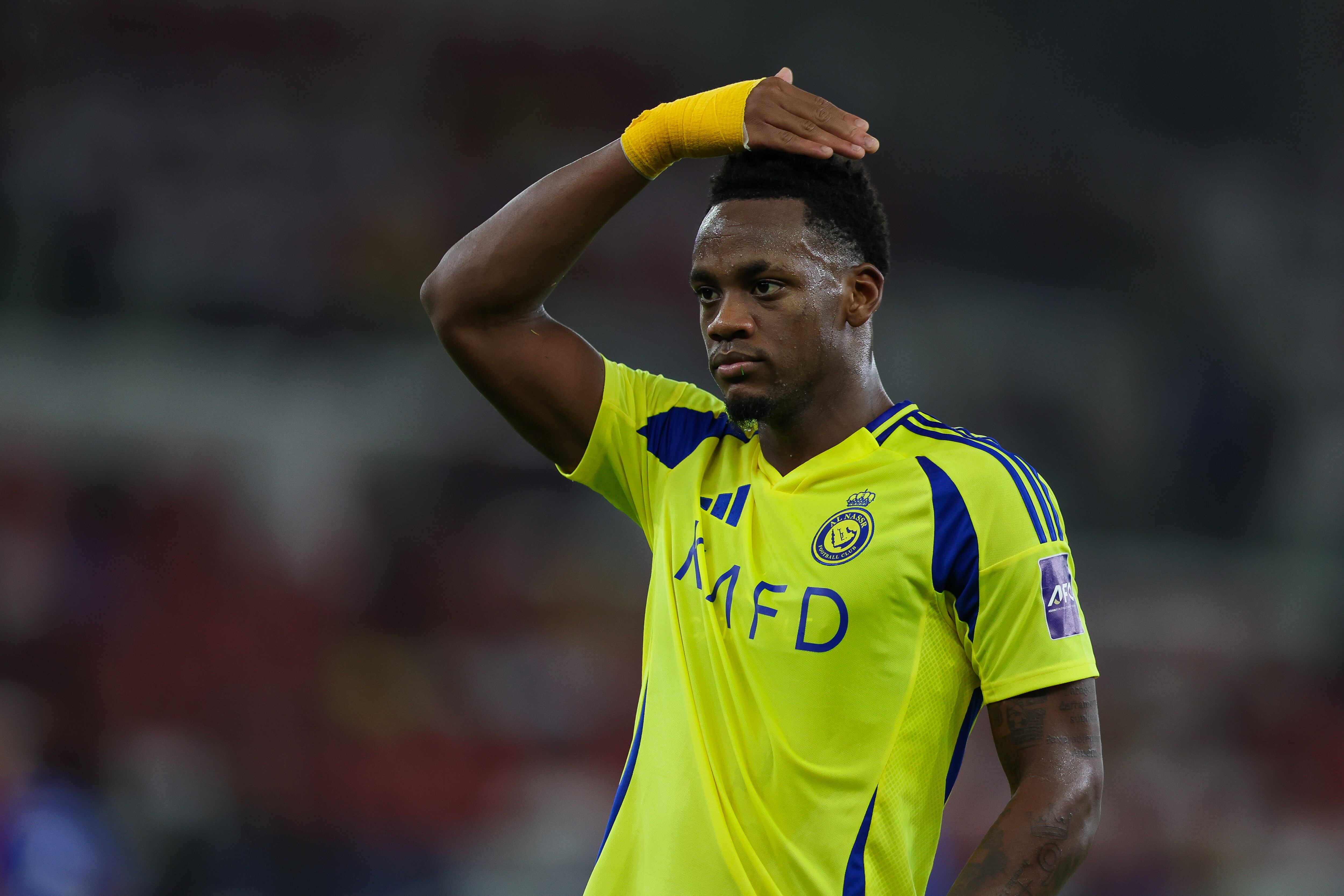 JEDDAH, SAUDI ARABIA - APRIL 26: Jhon Duran of Al Nassr celebrates after scoring the 4th goal during the AFC Champions League Elite - Quarter Final match between Yokohama Marinosi and Al Nassr at Prince Abdullah Al Faisal Stadium on April 26, 2025 in Jeddah, Saudi Arabia.  (Photo by Yasser Bakhsh/Getty Images)