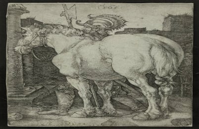 "El caballo grande" 1505/Buril.
   'Pasión sobre cobre' es una de las temáticas centrales y comprende el periodo entre 1507- 1513. Esta serie se compone de 16 estampas grabadas en buril sobre plancha de cobre y aunque nunca se editaron en conjunto, fueron publicadas en 1513. En este segmento se muestra  la dignidad del sufrimiento espiritual que caracteriza a la figura de Cristo en el momento culminante de la oración en el huerto. 