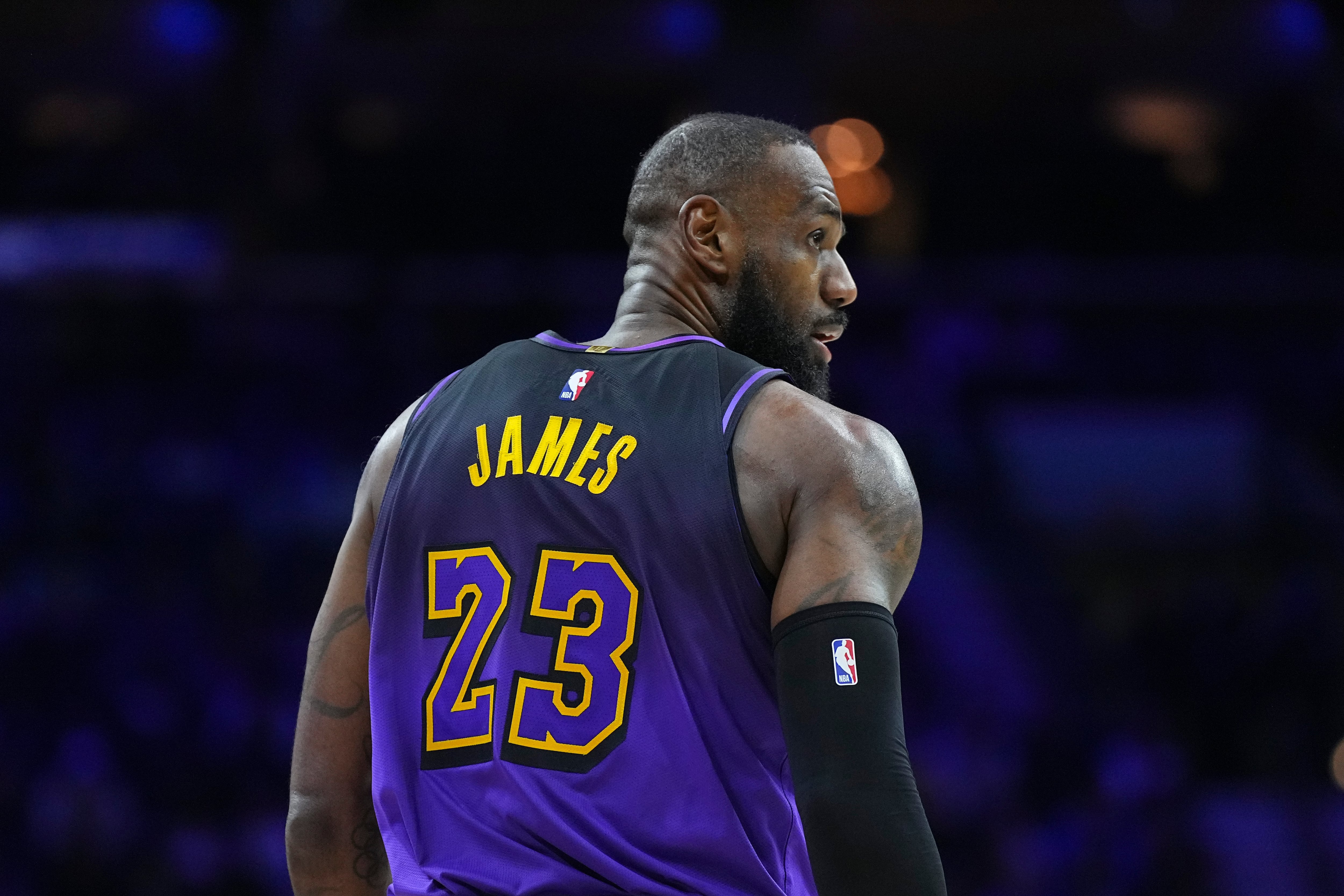 PHILADELPHIA, PENNSYLVANIA - JANUARY 28: LeBron James #23 of the Los Angeles Lakers looks on against the Philadelphia 76ers at the Wells Fargo Center on January 28, 2025 in Philadelphia, Pennsylvania. The 76ers defeated the Lakers 118-104. NOTE TO USER: User expressly acknowledges and agrees that, by downloading and/or using this photograph, user is consenting to the terms and conditions of the Getty Images License Agreement. (Photo by Mitchell Leff/Getty Images)