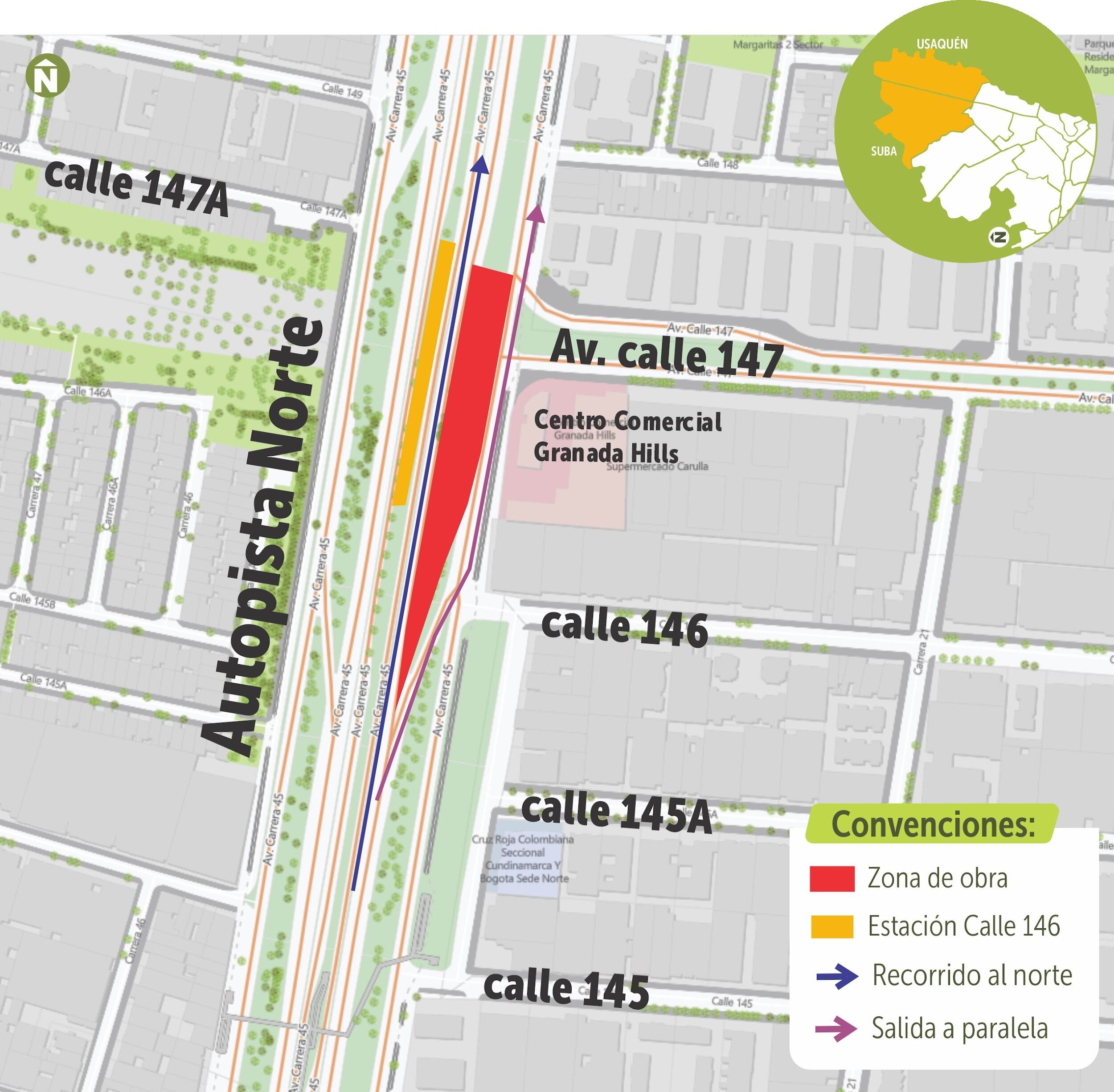 Mapa de las zonas de obras en la Autopista Norte