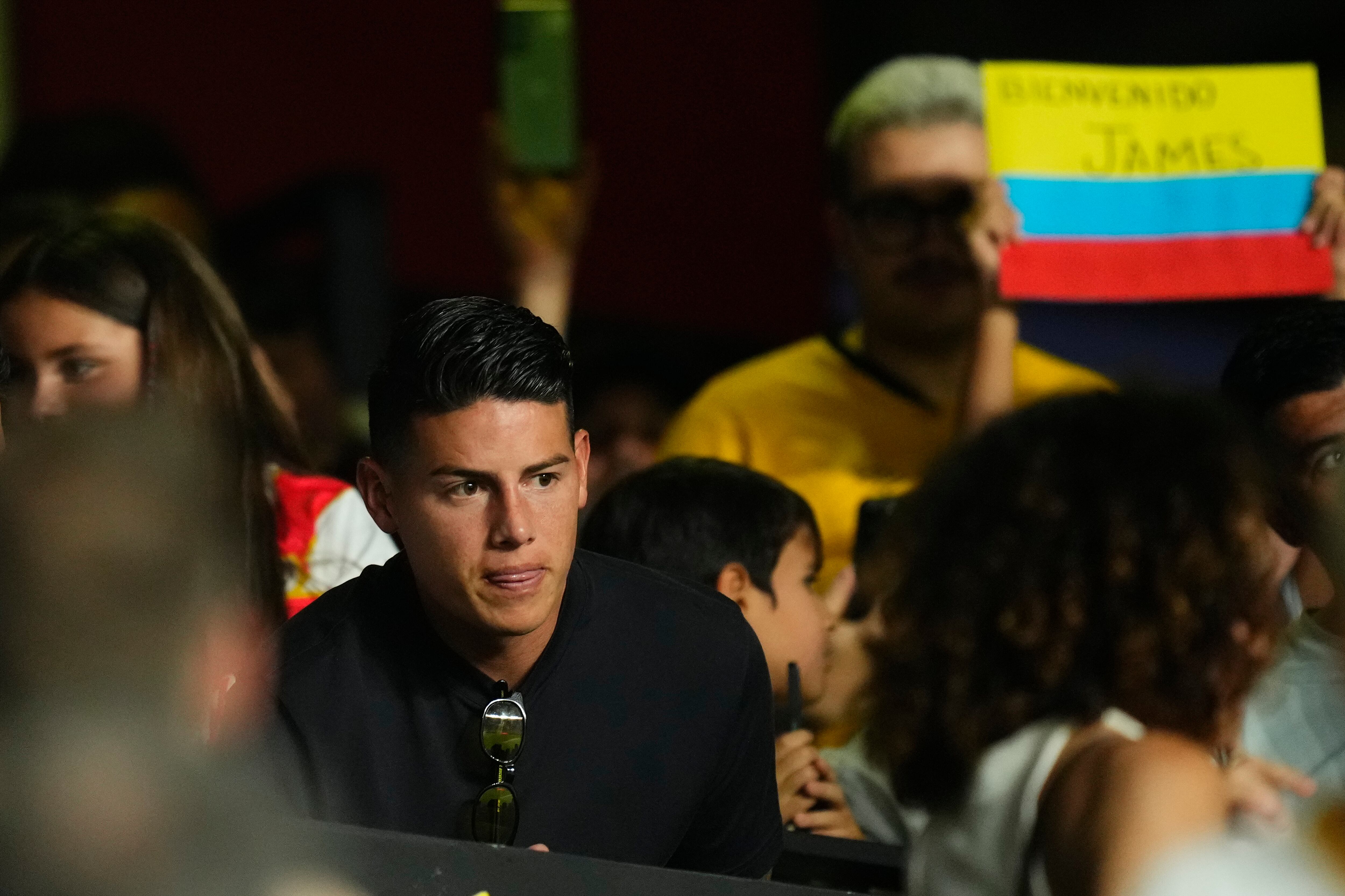 James Rodriguez attacking midfield of Rayo Vallecano and Colombia sitting in the stands during the La Liga match between Rayo Vallecano and FC Barcelona at Estadio de Vallecas on August 27, 2024 in Madrid, Spain. (Photo by Jose Breton/Pics Action/NurPhoto via Getty Images)