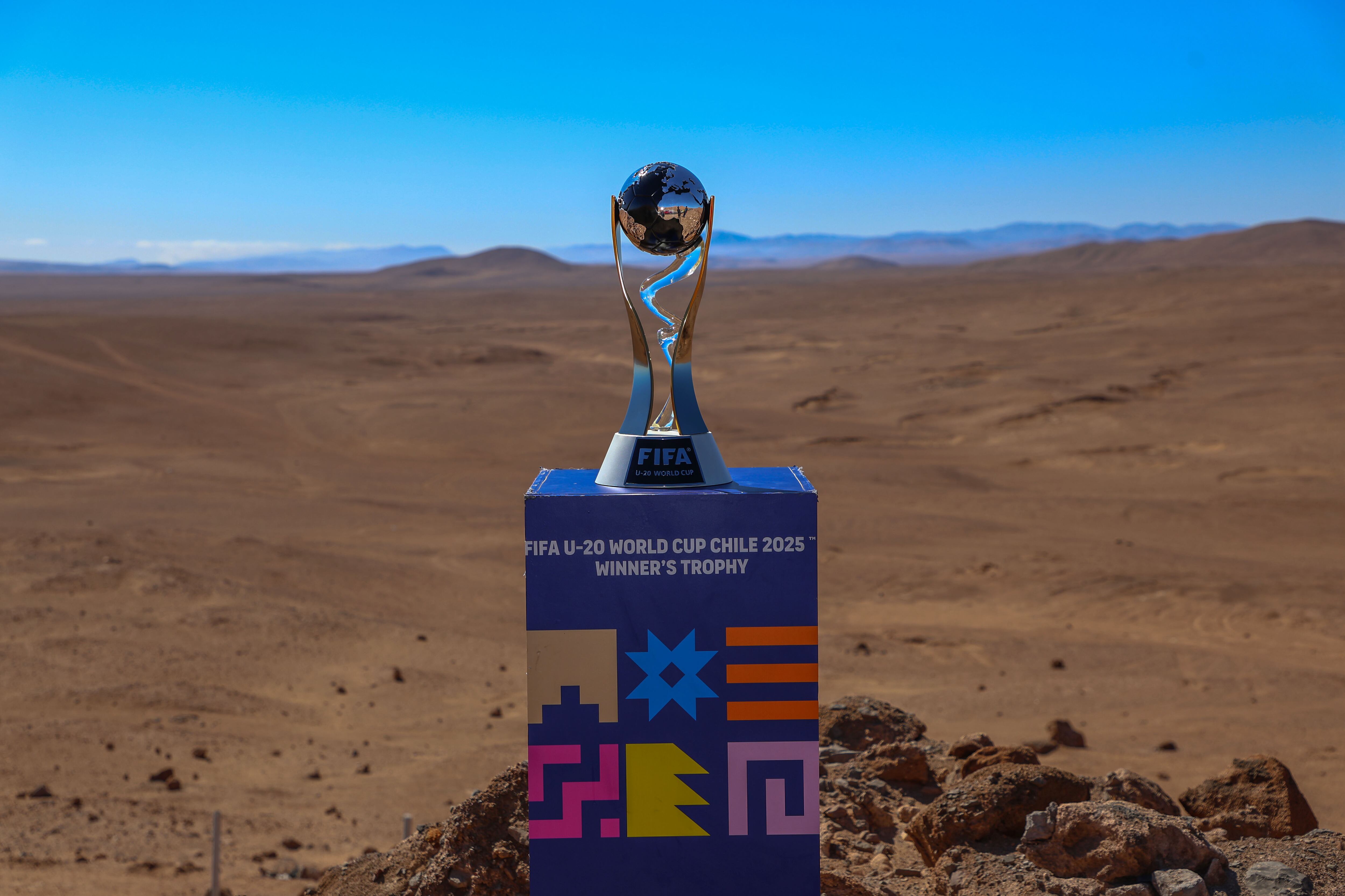 LA TIRANA, CHILE - SEPTEMBER 10:  A view of the FIFA U-20 World Cup trophy in Atacama desert on September 10, 2025 in La Tirana, Iquique, Chile.  (Photo by Marcelo Hernandez - FIFA/FIFA via Getty Images)