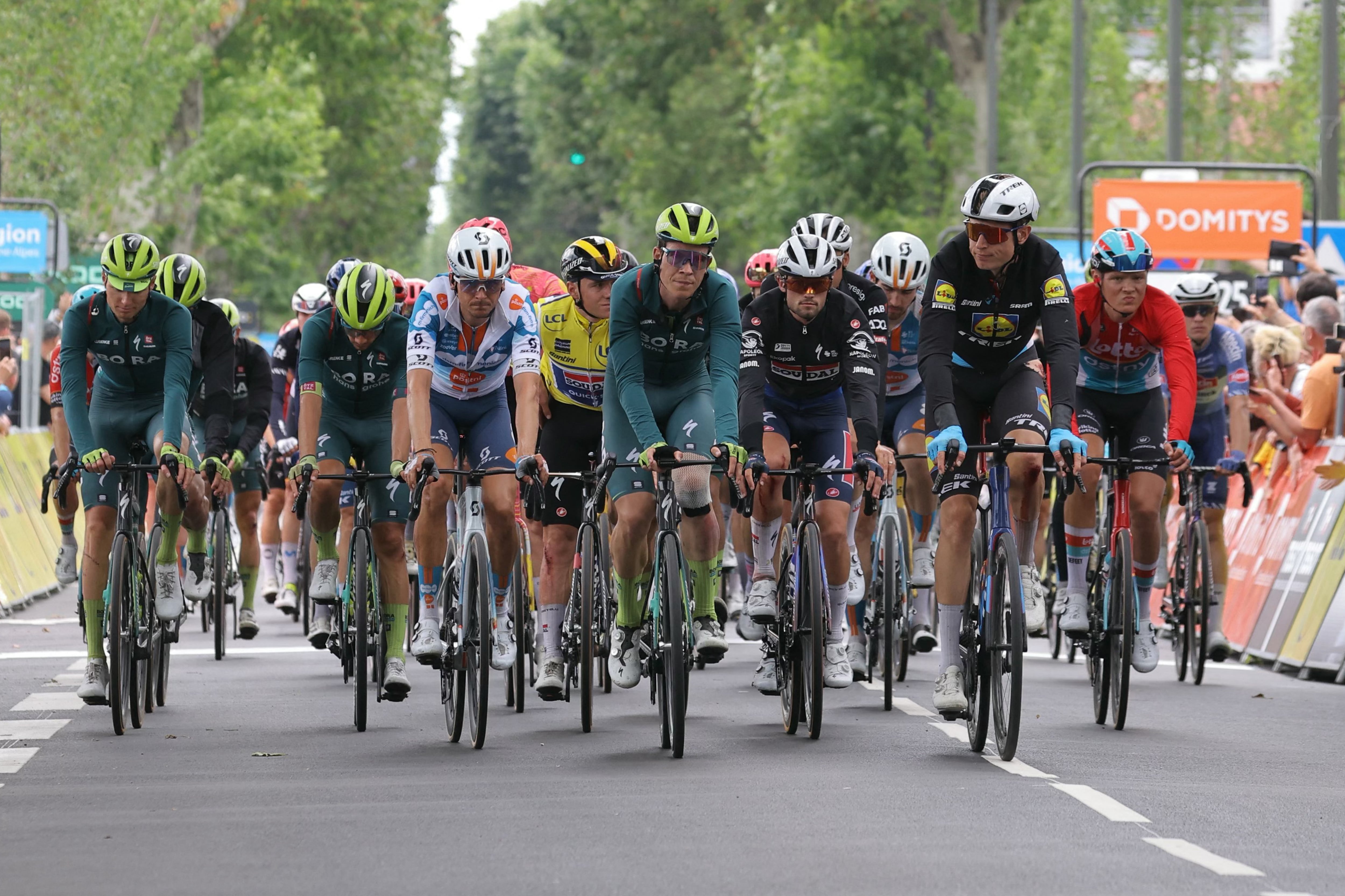 The pack crosses the finish line during the fifth stage of the 76th edition of the Criterium du Dauphine cycling race, 167km between Amplepuis and Saint-Priest, central France, on June 6, 2024. A large swathe of the peloton at the Criterium du Dauphine fell in a giant pile-up on June 6, 2024, with several ambulances attending the injured and race organisers cancelling the day's racing. (Photo by Thomas SAMSON / AFP)