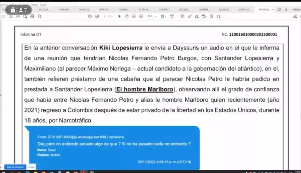 La conversación fue utilizada como material probatorio por las autoridades. Foto: Captura de pantalla - Fiscalía General de la Nación.