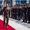 Slovakia's President Zuzana Caputova left, welcomes his Ukrainian counterpart Volodymyr Zelenskyy at the President palace in Bratislava, Slovak Republic, Friday, July 7, 2023. (Jaroslav Novak/TASR via AP)