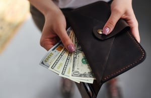 Dollars in a wallet in the hands of a woman. Money. Economy. Finance. Budget.