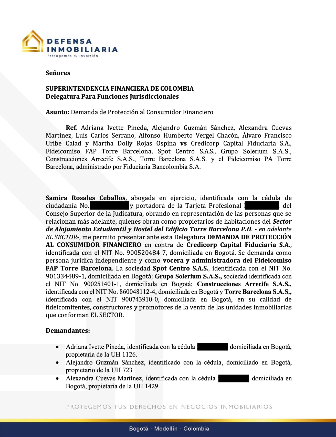 Demanda de protección al consumidor financiero por parte de los copropietarios.