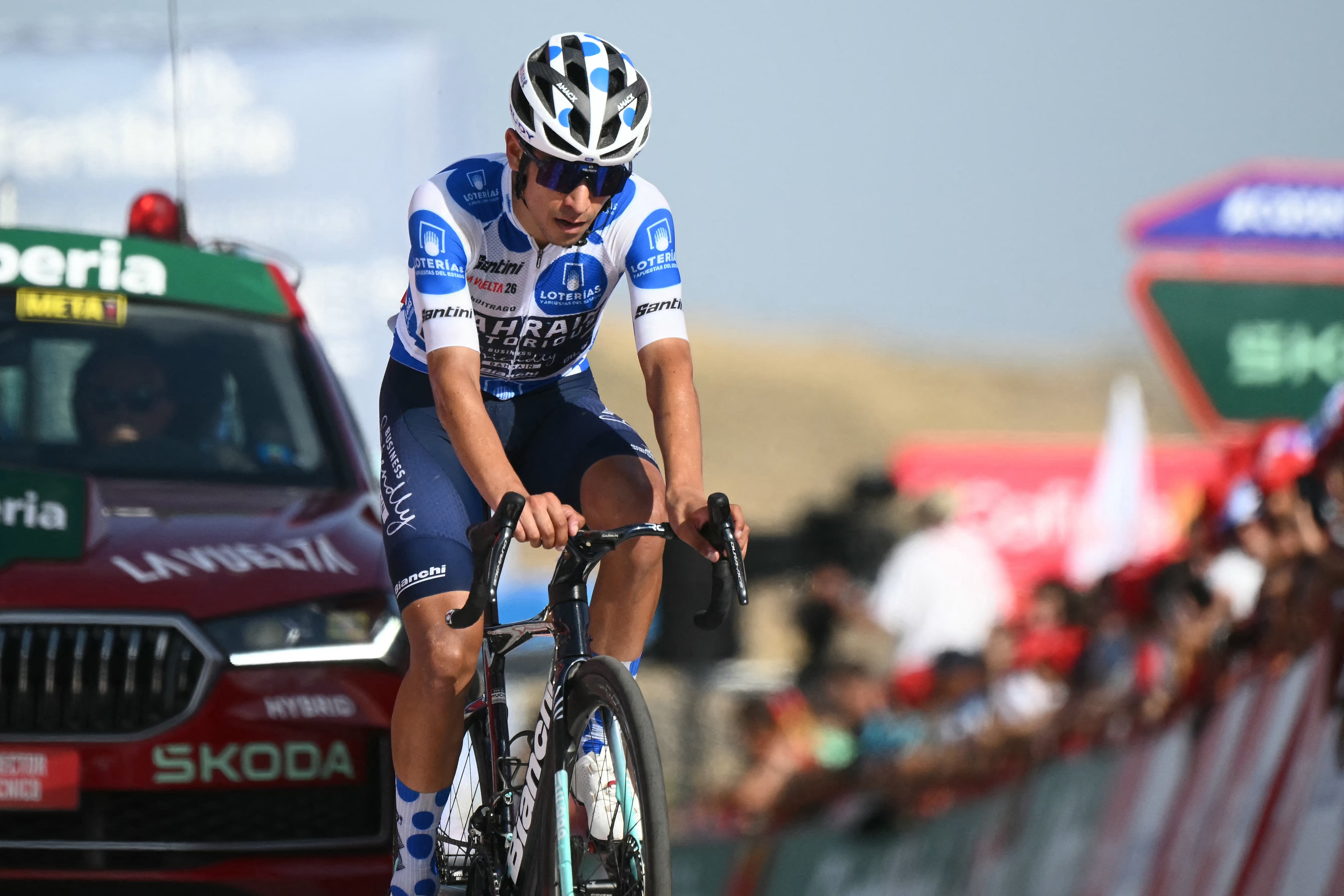 Team Bahrain's Colombian rider Santiago Buitrago crosses the finish in third place during the 12th stage of the Vuelta a Espana 2026 cycling tour, a 166,6 km race between Vera and Calar Alto, on September 3, 2026. (Photo by JOSE JORDAN / AFP)