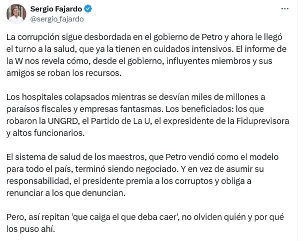 Tuit Sergio Fajardo sobre nuevas denuncias de corrupción en el sistema de salud