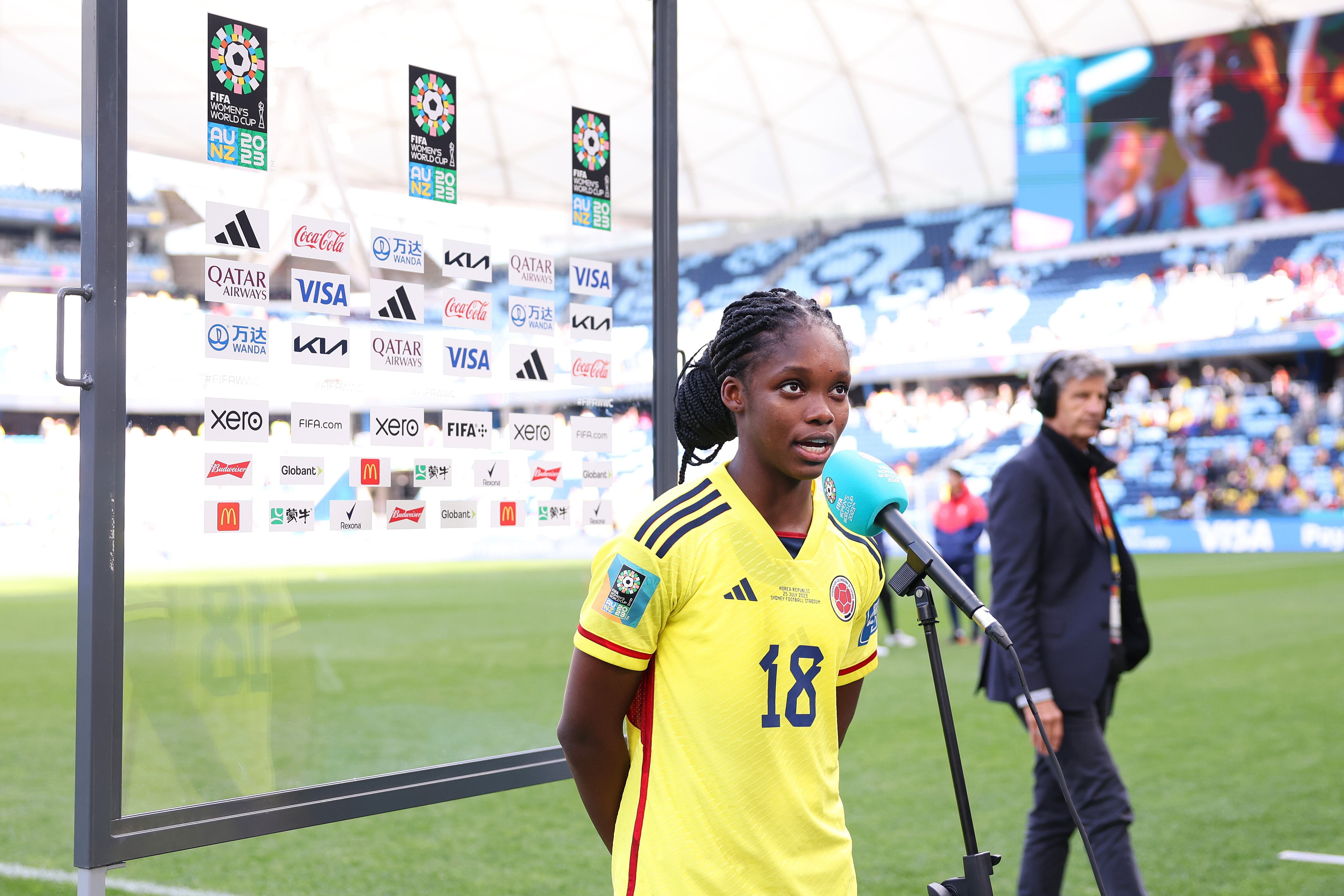 SYDNEY, AUSTRALIA - JULY 25: Linda Caicedo of Colombia speaks at the flash interview after the FIFA Women's World Cup Australia & New Zealand 2023 Group H match between Colombia and Korea Republic at Sydney Football Stadium on July 25, 2023 in Sydney / Gadigal, Australia. (Photo by Maddie Meyer - FIFA/FIFA via Getty Images)