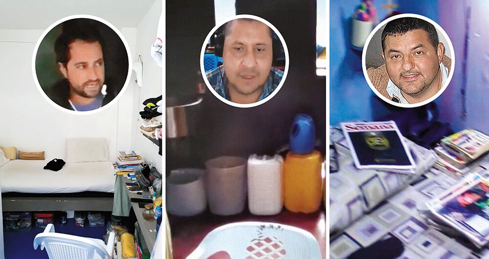    Izquierda: celda de Rafael Uribe Noguera, en la cárcel de Valledupar La Tramacúa. Centro: cárcel de Jamundí, detenido alias Racumín. Derecha: cárcel de Cómbita, detenido Pablo Hernán Sierra.